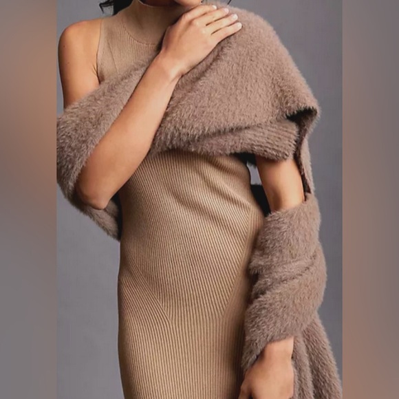 Anthropologie Knit Mock Turtle Neck Midi Tan Cedar Sweater Dress Size XS - Picture 5 of 12